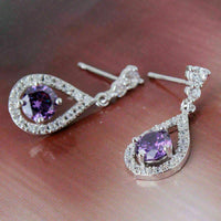 3 CT Round Cut Purple Amethyst Flower Drop/Dangle Earrings 925 Sterling Silver