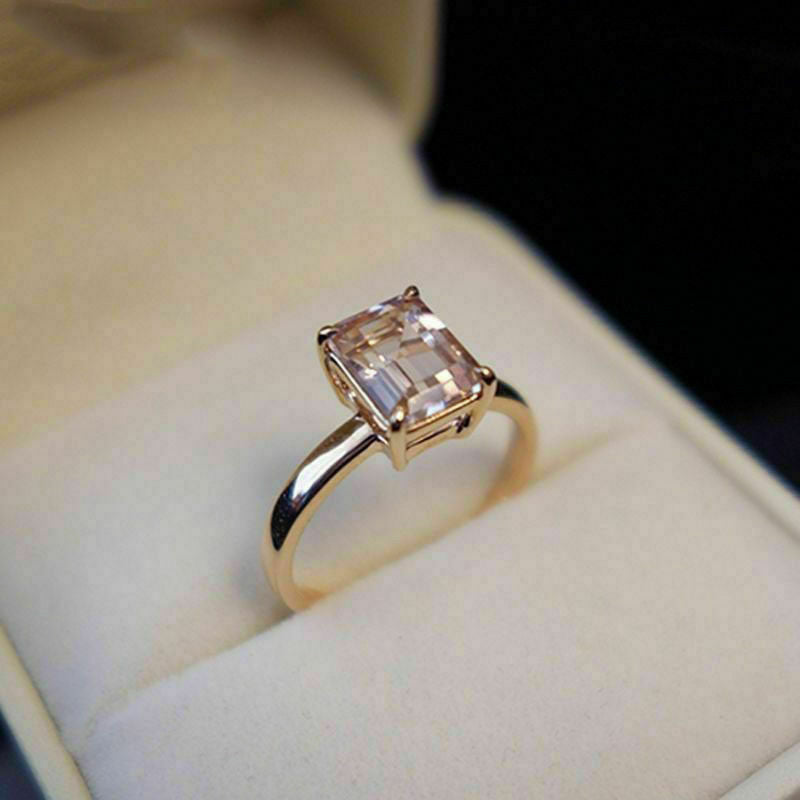 1 CT Emerald Cut Morganite Solitaire Engagement Ring 925 Sterling Silver