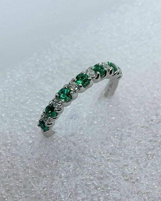 1 CT Round Cut Green Emerald Diamond Wedding Half Eternity Band Ring 925 Sterling Silver