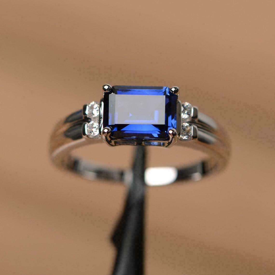 2 CT Emerald Blue Sapphire Diamond Solitaire Engagement Ring 925 Sterling Silver
