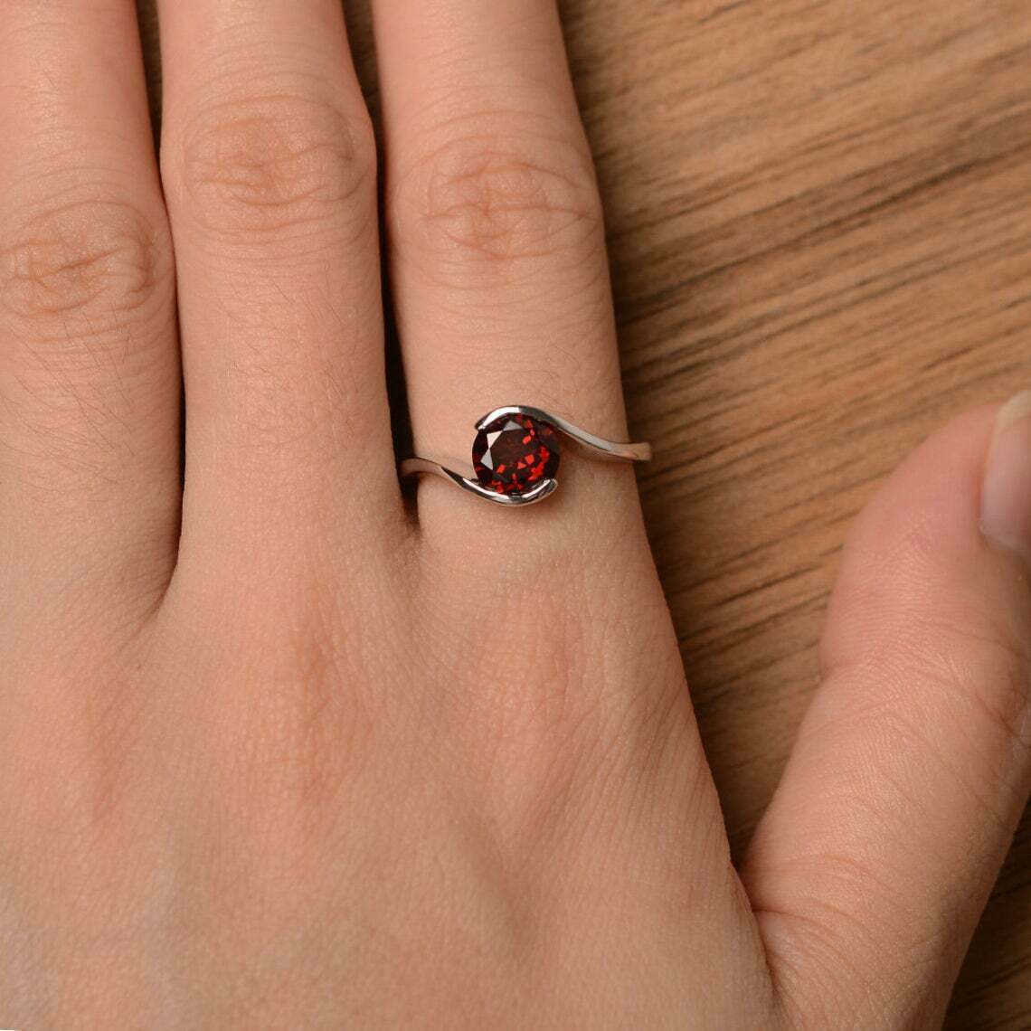 0.75 CT Round Cut Red Garnet 925 Sterling Silver Solitaire Engagement Ring