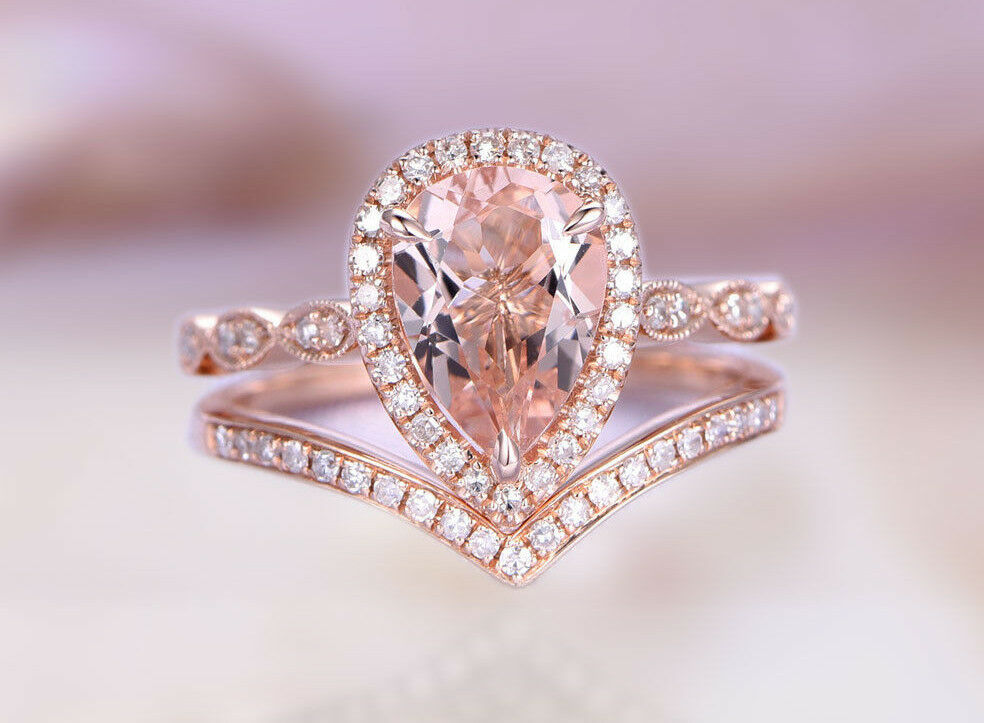 925 Sterling Silver 3 CT Pear Cut Morganite Diamond Wedding Bridal Ring Set