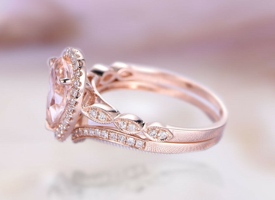 925 Sterling Silver 3 CT Pear Cut Morganite Diamond Wedding Bridal Ring Set
