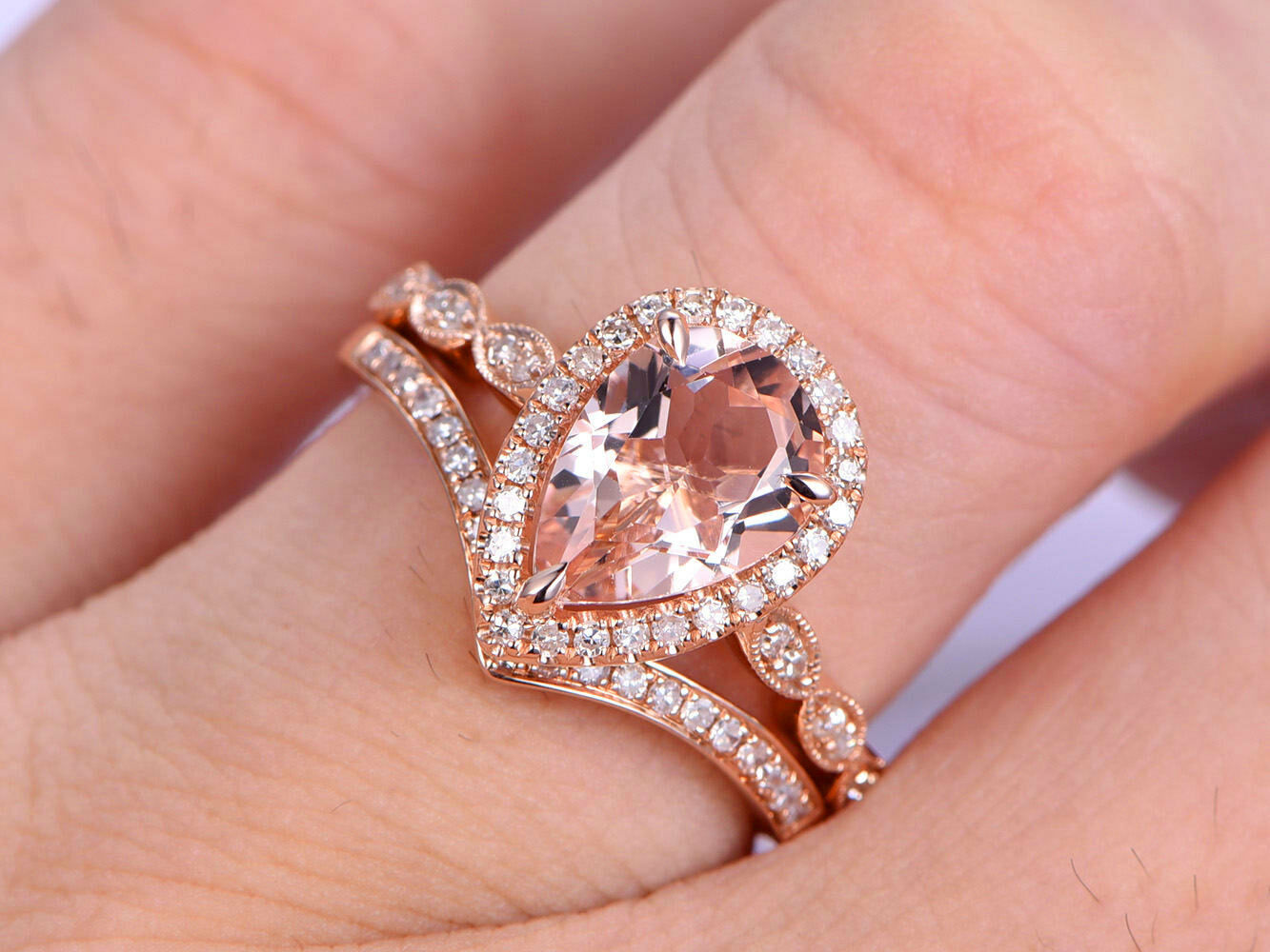 925 Sterling Silver 3 CT Pear Cut Morganite Diamond Wedding Bridal Ring Set
