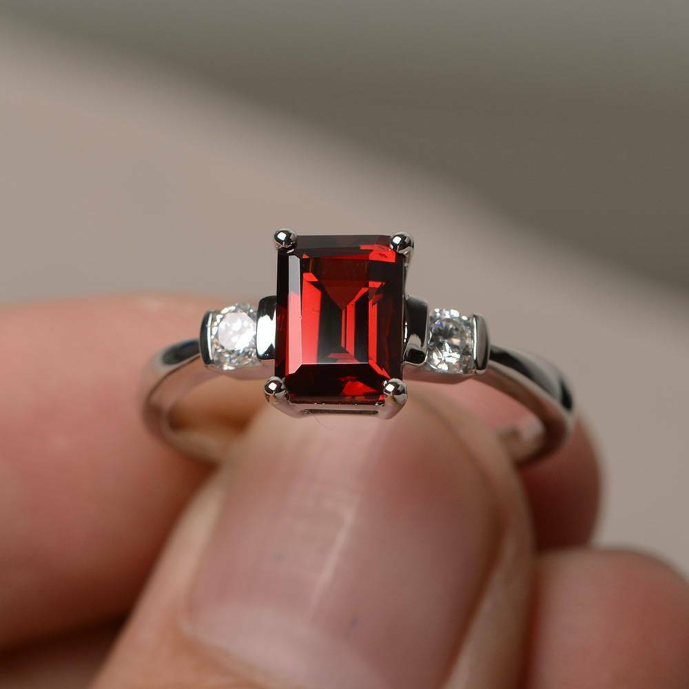 2 CT Emerald Cut Red Garnet Diamond 925 Sterling Silver Engagement Ring