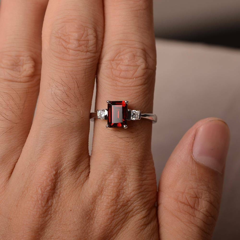 2 CT Emerald Cut Red Garnet Diamond 925 Sterling Silver Engagement Ring