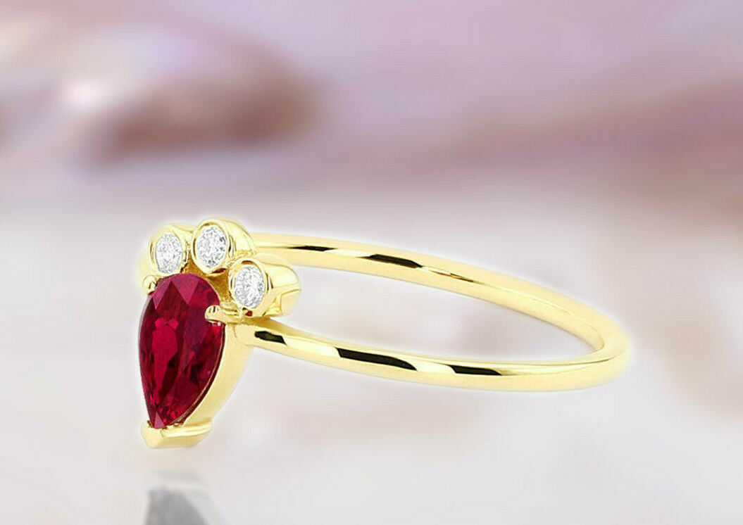925 Sterling Silver 1 CT Pear Ruby Ring Diamond Wedding Simple Ring
