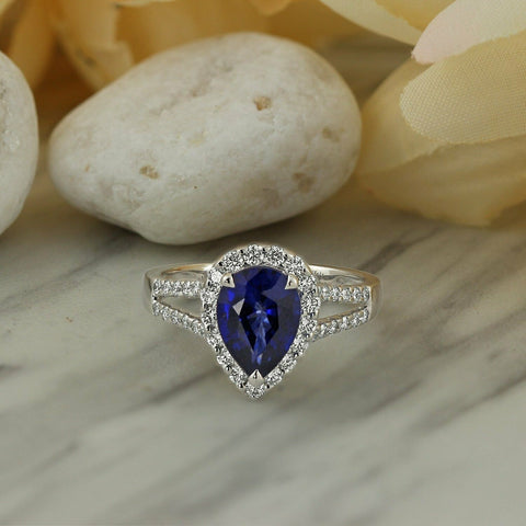 3 CT Pear Cut Blue Sapphire Split Shank Halo Engagement Ring 925 Sterling Silver