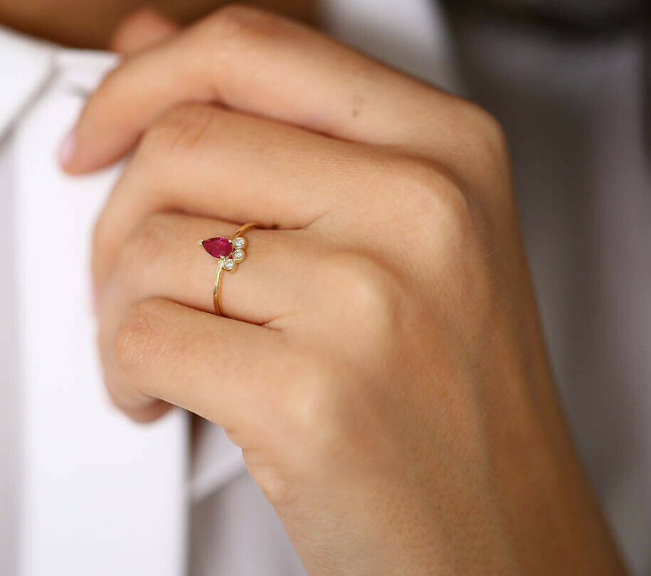 925 Sterling Silver 1 CT Pear Ruby Ring Diamond Wedding Simple Ring