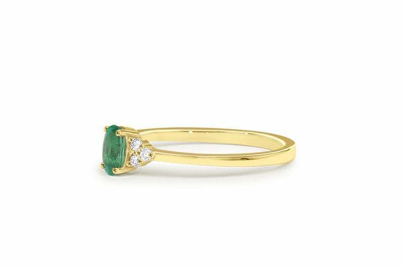 1 CT Oval Cut Emerald & CZ Diamond Yellow Gold Over On 925 Sterling Silver Anniversary Ring