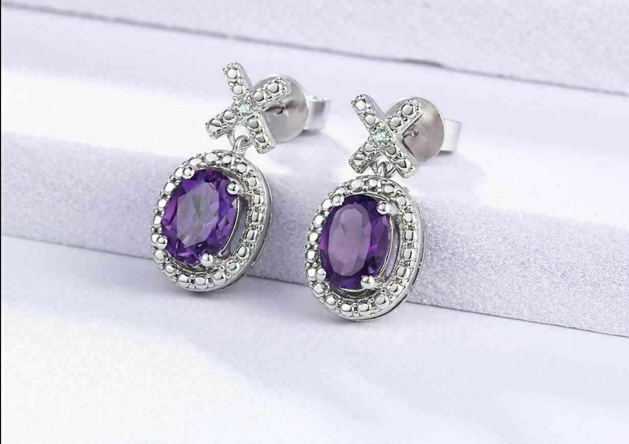 3 CT Oval Cut Purple Amethyst Flower Drop/Dangle Earrings 925 Sterling Silver