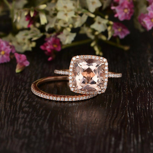 3 CT Cushion Cut Morganite Diamond Bridal Set Engagement Ring 925 Sterling Silver