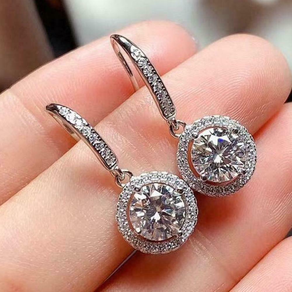 3 CT Round Cut Diamond Drop/Dangle Halo Earrings 925 Sterling Sliver