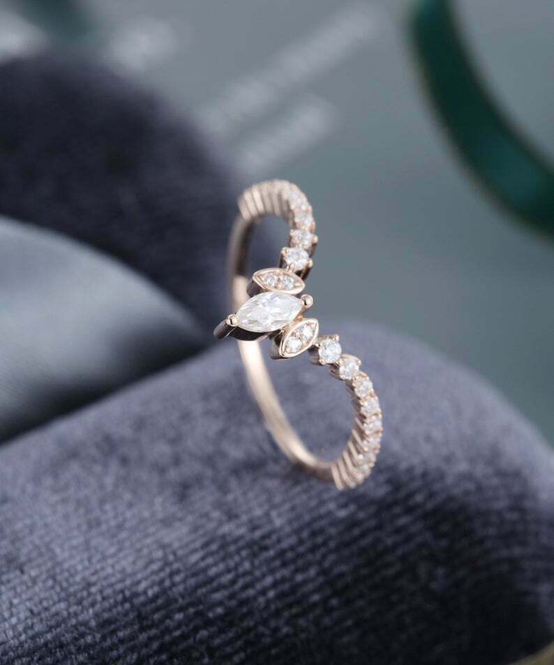 0.50 CT Marquise Cut Diamond Curved Wedding Band Ring 925 Sterling Silver