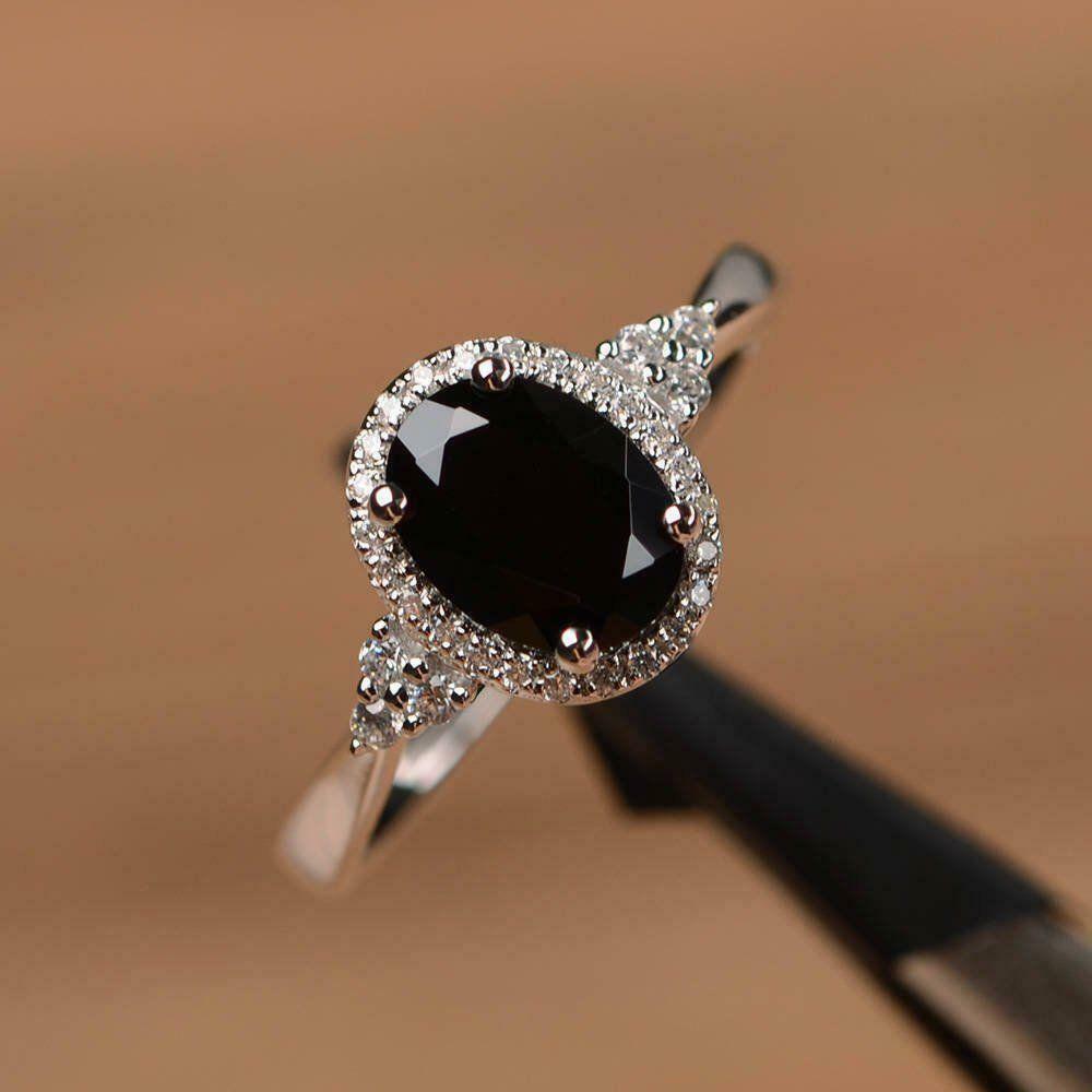 Halo Solitaire Engagement Ring 2 CT Oval Cut Black Diamond 925 Sterling Silver