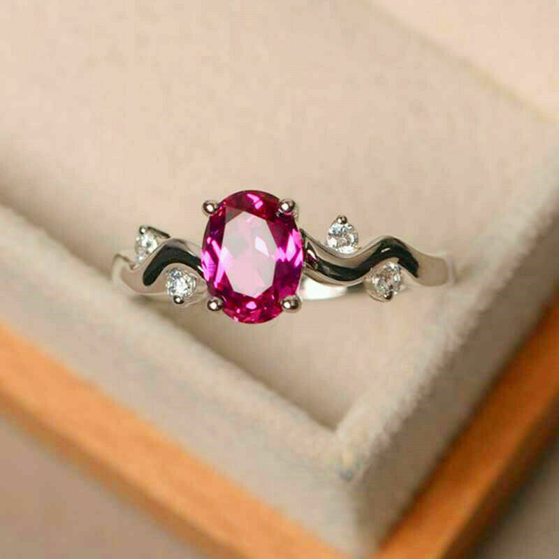 1 CT Oval Cut Ruby Diamond White Gold Over On 925 Sterling Silver Solitaire Engagement Ring