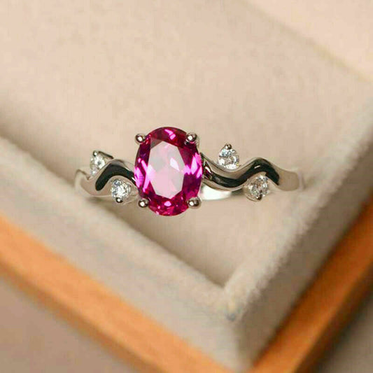 1 CT Oval Cut Ruby Diamond White Gold Over On 925 Sterling Silver Solitaire Engagement Ring