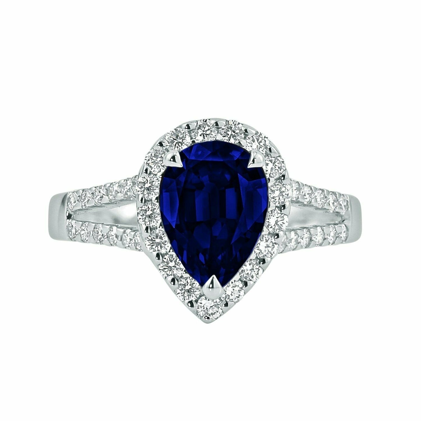 3 CT Pear Cut Blue Sapphire Split Shank Halo Engagement Ring 925 Sterling Silver