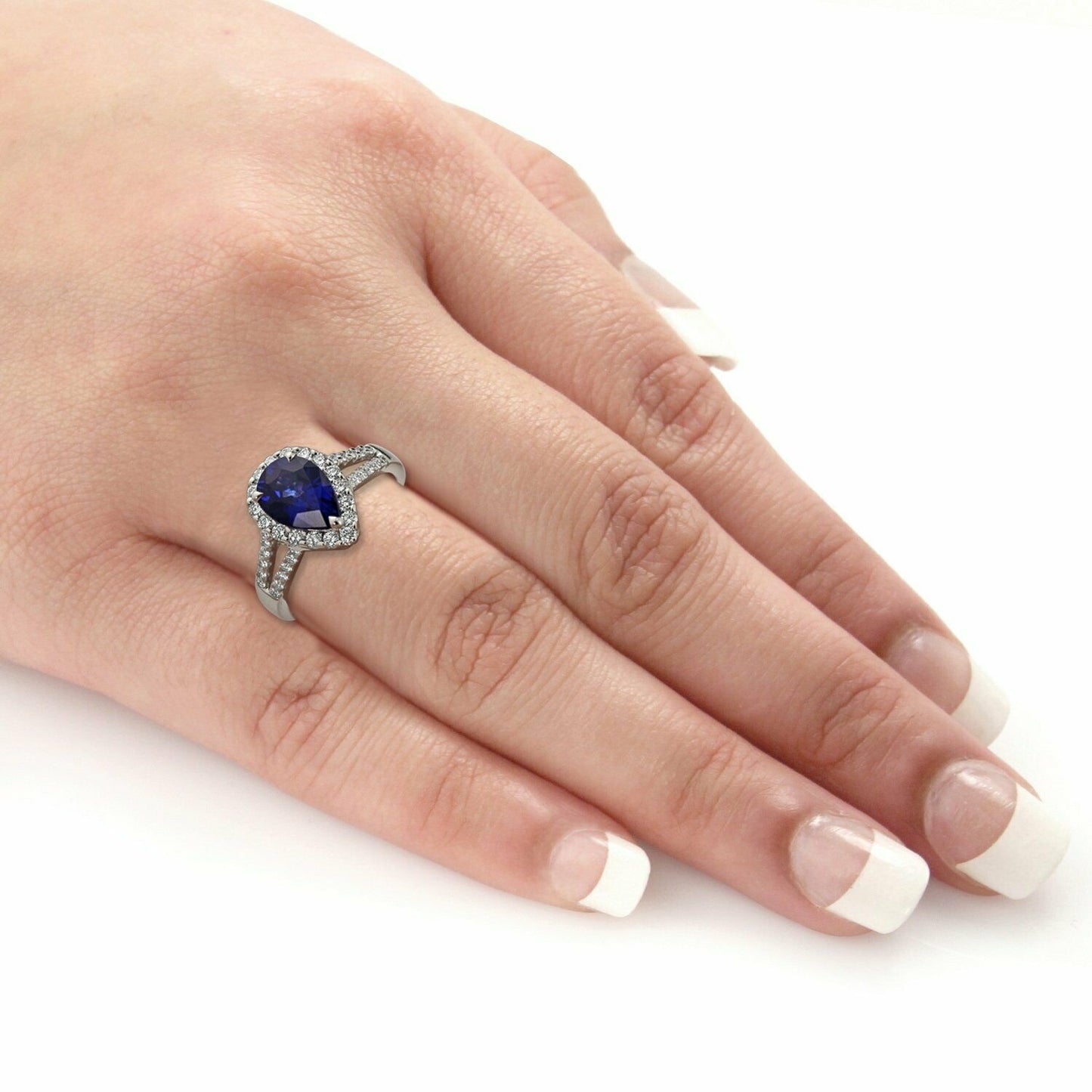3 CT Pear Cut Blue Sapphire Split Shank Halo Engagement Ring 925 Sterling Silver