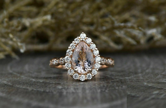 1.50 CT Pear Cut Peach Morganite Diamond 925 Sterling Silver Halo Women's Anniversary Ring