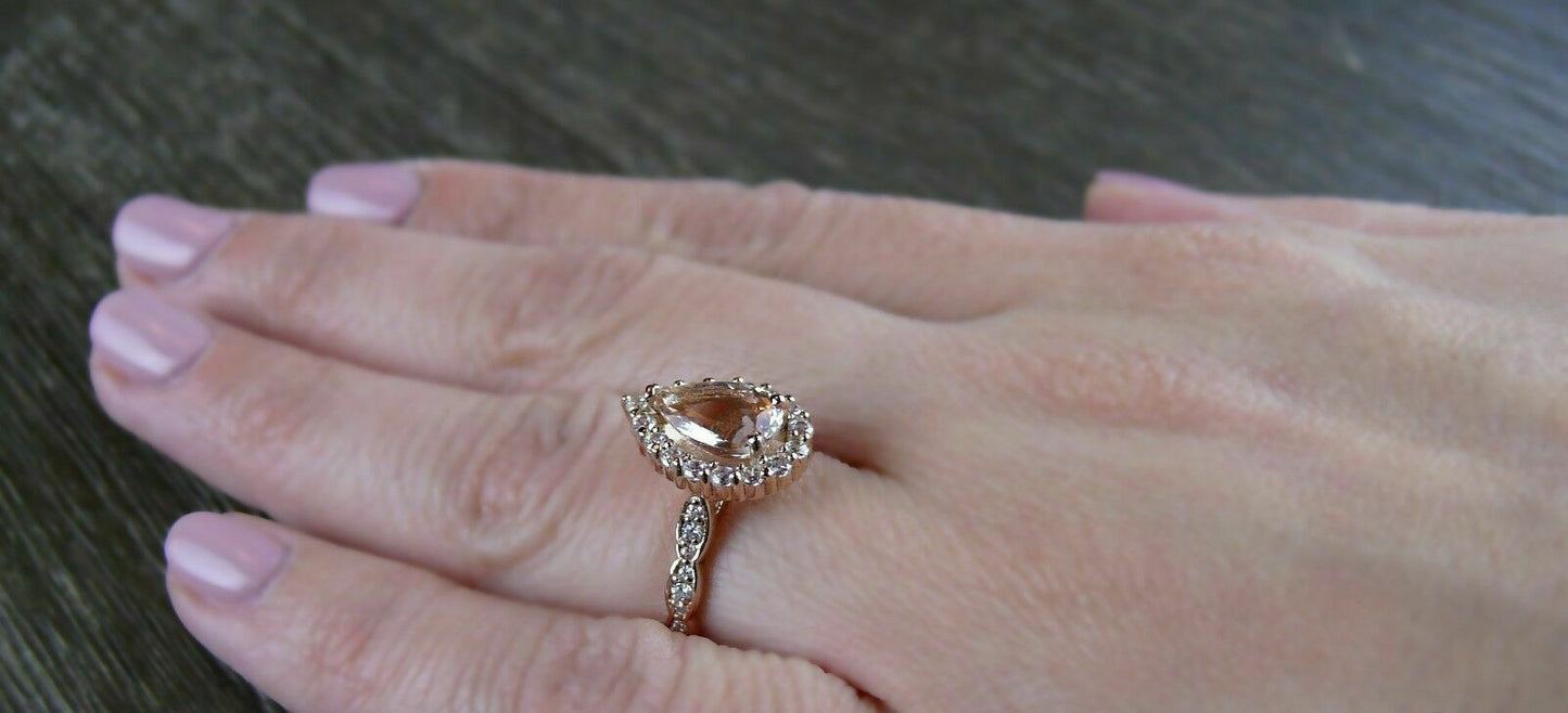 1.50 CT Pear Cut Peach Morganite Diamond 925 Sterling Silver Halo Women's Anniversary Ring