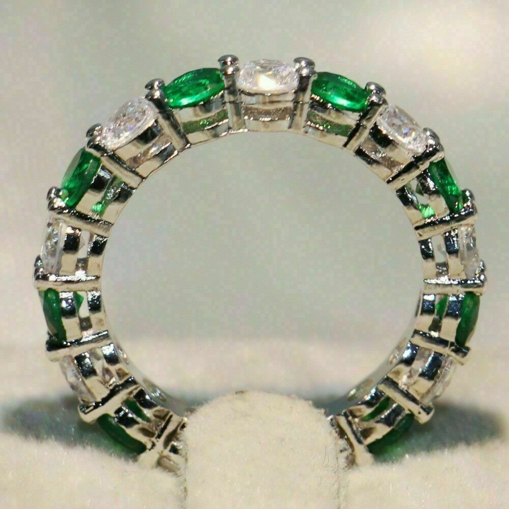 2 CT Round Cut Green Emerald Diamond 925 Sterling Sliver Wedding Band Ring
