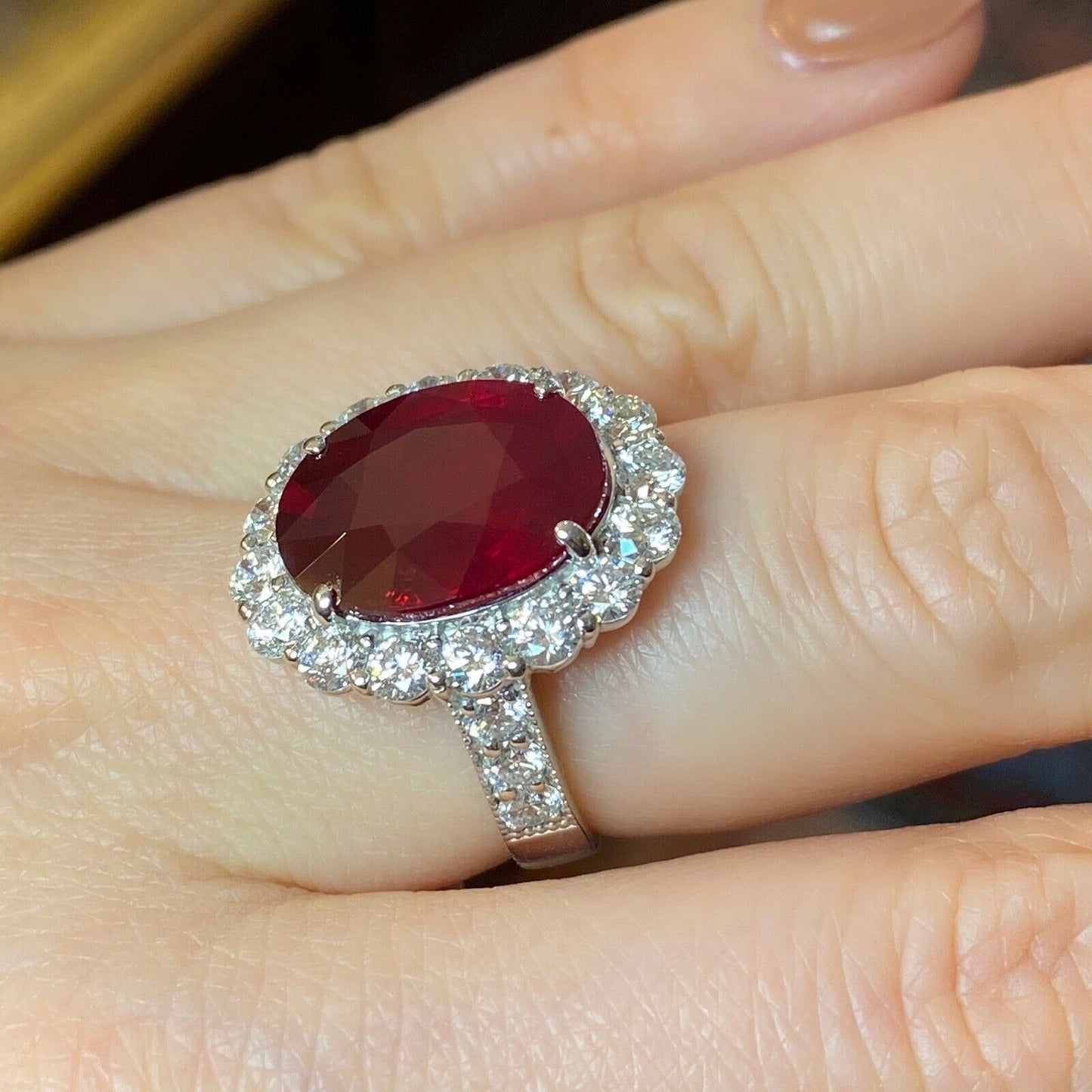 4 CT Oval Cut Red Ruby & Diamond 925 Sterling Silver Halo Women's Wedding Ring