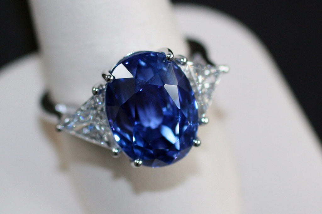 2 CT Oval Cut Blue Sapphire & White Trillion Diamond 925 Sterling Silver Three Stone Ring