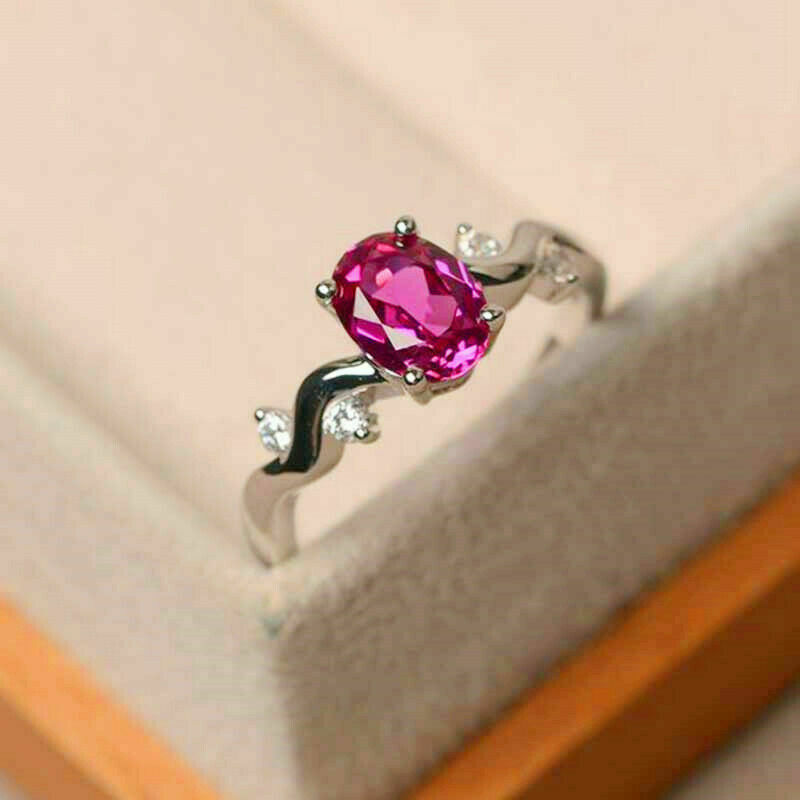 1 CT Oval Cut Ruby Diamond White Gold Over On 925 Sterling Silver Solitaire Engagement Ring