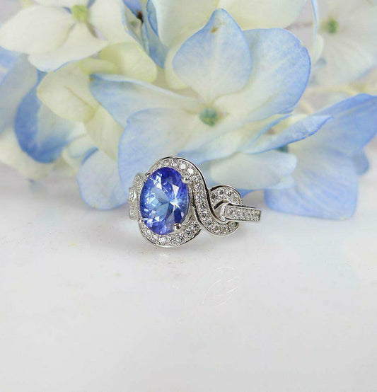 2.4 CT Oval Cut Blue Tanzanite Diamond Engagement Ring 925 Sterling Silver Unique Design