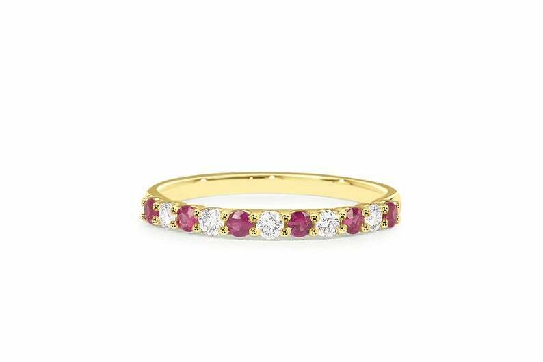 0.75 CT Red Ruby & CZ Diamond Yellow Gold Over On 925 Sterling Silver Half Eternity Band Ring