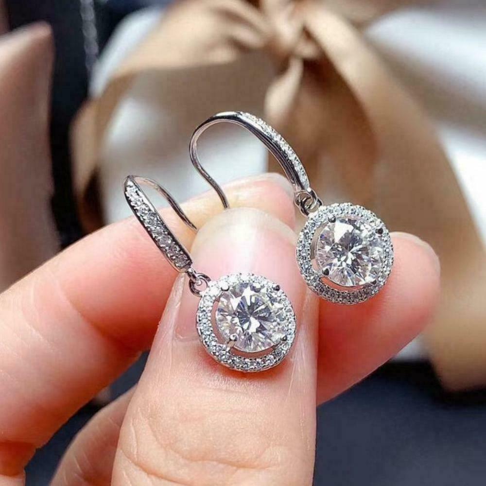 3 CT Round Cut Diamond Drop/Dangle Halo Earrings 925 Sterling Sliver