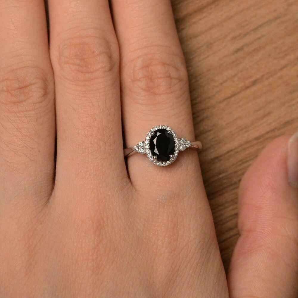 Halo Solitaire Engagement Ring 2 CT Oval Cut Black Diamond 925 Sterling Silver