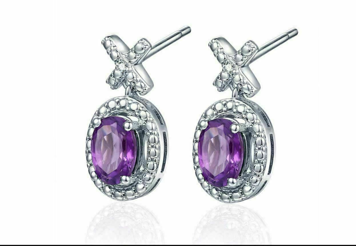3 CT Oval Cut Purple Amethyst Flower Drop/Dangle Earrings 925 Sterling Silver