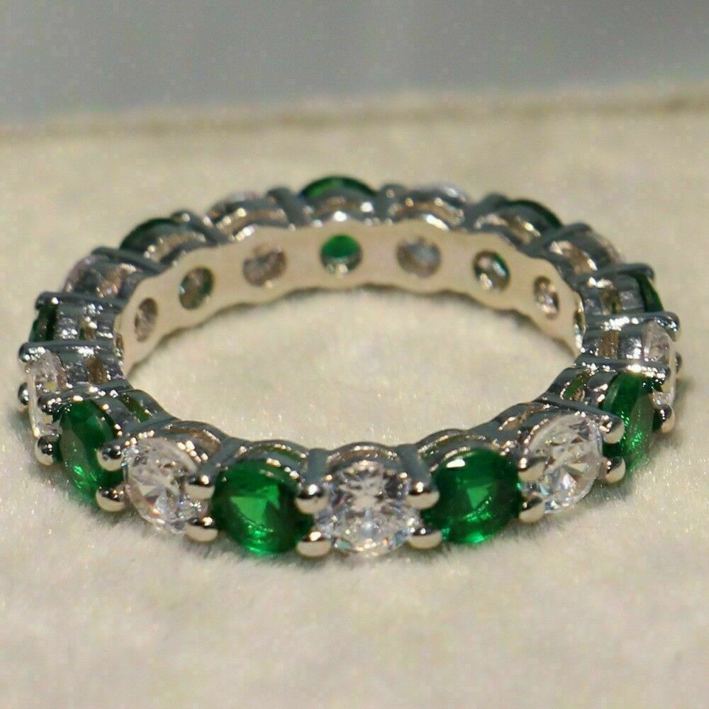 2 CT Round Cut Green Emerald Diamond 925 Sterling Sliver Wedding Band Ring