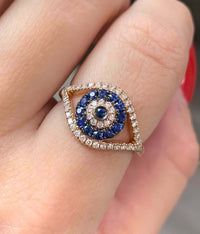 0.25 CT Round Cut Diamond Blue Sapphire 925 Sterling Silver Evil Eye Ring