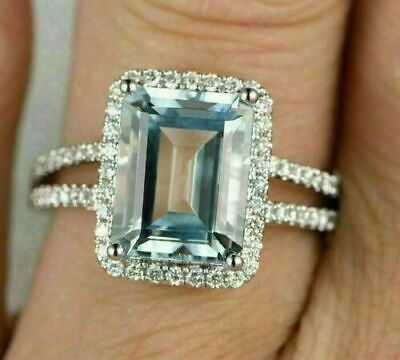 3 CT Emerald Cut Blue Aquamarine Diamond 925 Sterling Silver Halo Engagement Ring