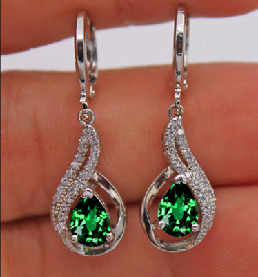 925 Sterling Sliver 2 CT Pear Cut Green Emerald Drop/Dangle Women's Earrings