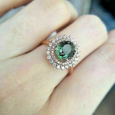 2 CT Oval-Cut Green Emerald Dual Halo Engagement Wedding Ring 925 Sterling Silver
