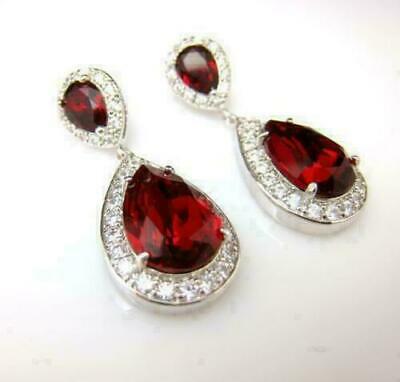925 Sterling Sliver 3 CT Pear Cut Red Ruby Halo Drop/Dangle Women's Earrings