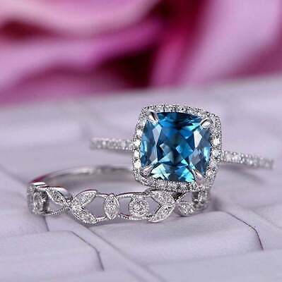 2.25Ct Cushion Cut Blue Topaz Bridal Set Engagement Ring 925 Sterling Silver