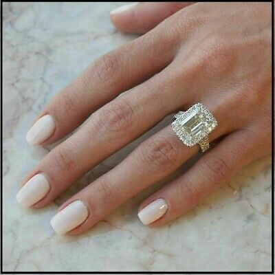 2 CT Emerald Cut Diamond Halo Engagement Ring 925 Sterling Sliver