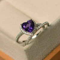 2 CT Heart Cut Amethyst Bridal Set Halo Engagement Ring 925 Sterling Silver