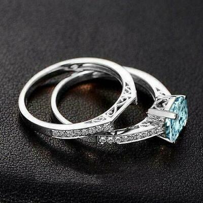 2.50 CT Princess Cut Aquamarine & Diamond Wedding Bridal Ring Set 925 Sterling Silver