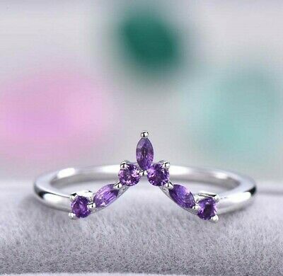 0.90 CT Curved Purple Amethyst Diamond Wedding Band Ring Gift For Her 925 Sterling Silver