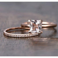 1 CT Princess Cut Peach Morganite Bridal Wedding Ring Set 925 Sterling Silver