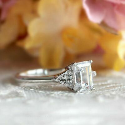 3 CT Emerald Cut Diamond 925 Sterling Sliver Three Stone Promise Ring