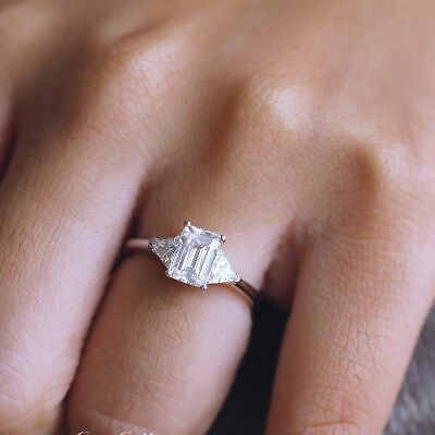 3 CT Emerald Cut Diamond 925 Sterling Sliver Three Stone Promise Ring