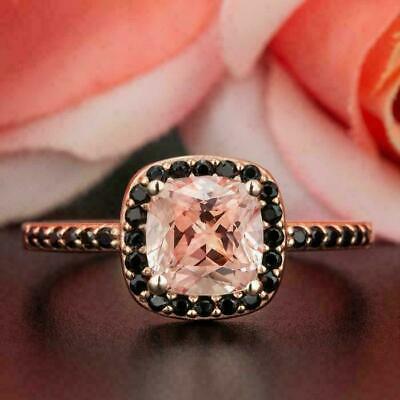 2.50 CT Cushion Cut Morganite & Black Diamond Halo Ring 925 Sterling Silver