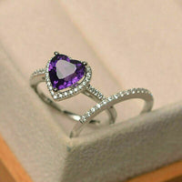 2 CT Heart Cut Amethyst Bridal Set Halo Engagement Ring 925 Sterling Silver